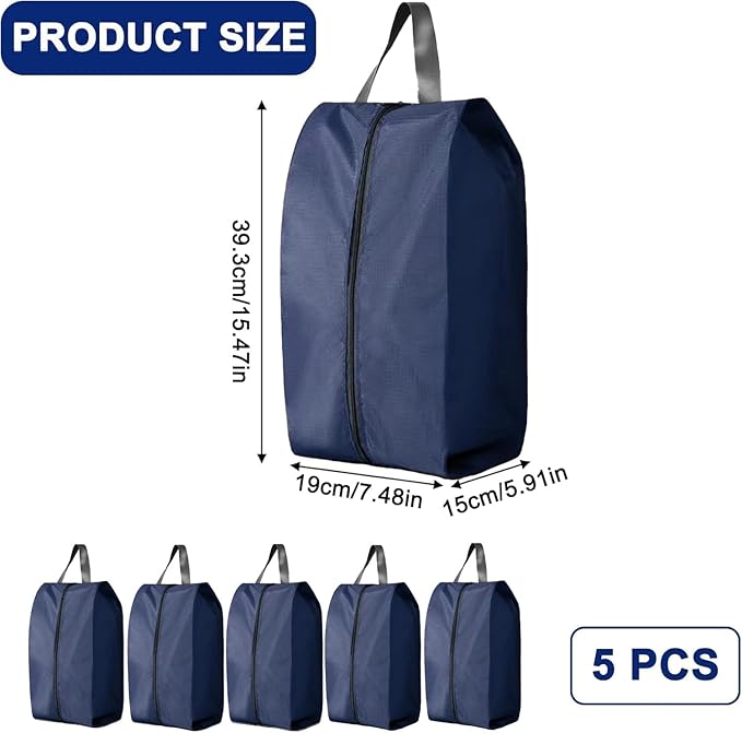 5Pcs Large Travel Shoe Bags Portable Travel Gifts Shoe Organizer with Zipper Closure, Waterproof Nylon Shoe Storage Organizer with Handle Travel Bags For Men and Women, Navy