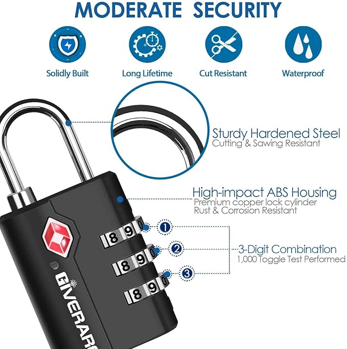 2 Pack TSA Approved Travel Luggage Locks, Suitcase Combination Lock, Keyless 3-Digit Zipper Padlocks, TSA Accepted Compatible Padlock for Gym Locker, Golf Bag Case, Backpack-Black