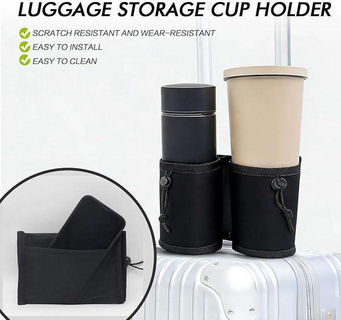 Luggage Cup Holder Hands Free Adjustable Drink Carrier for Suitcase Handles Travel Accessory for Coffee & Bottles (Black)