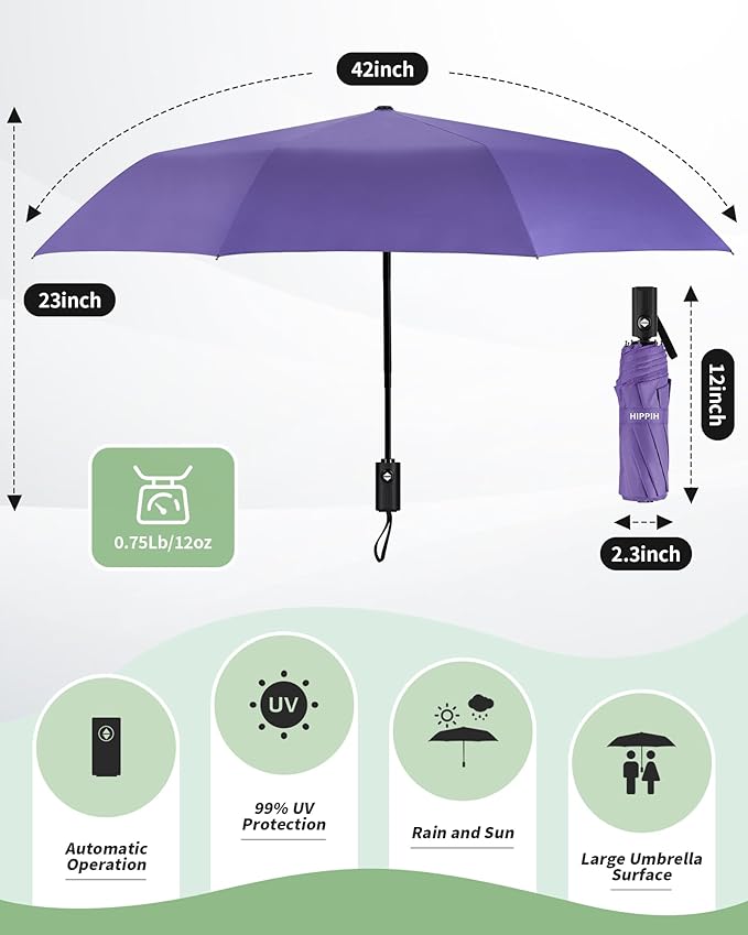 HIPPIH Compact Travel Umbrella for Rain - Windproof Automatic Umbrellas, UV Umbrella for Sun Protection with Black Anti-UV Coating, Portable Small Umbrellas for Backpack, Car, Walking, Kids, Women