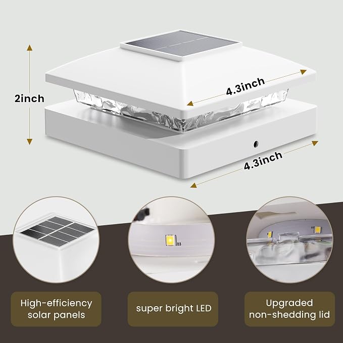 Solar Post Cap Lights Outdoor 8pack, White Waterproof Solar Powered Deck Fence Lights Fit 4x4 Wood/Vinyl Posts, Bright Warm White Solar Fence Cap Decorate Deck, Patio, Porch, Fence