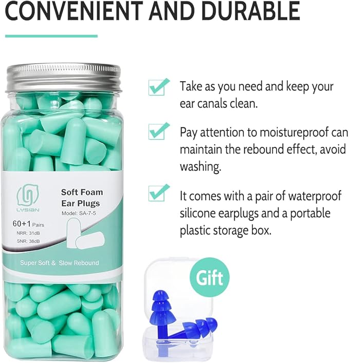 LYSIAN Ultra Soft Foam Earplugs for Sleep - 38dB Noise Cancelling Ear Plugs Perfect for Work, Travel & Shooting. Soundproof & Noise Reduction - 60 Pairs Value Pack (Water Blue)