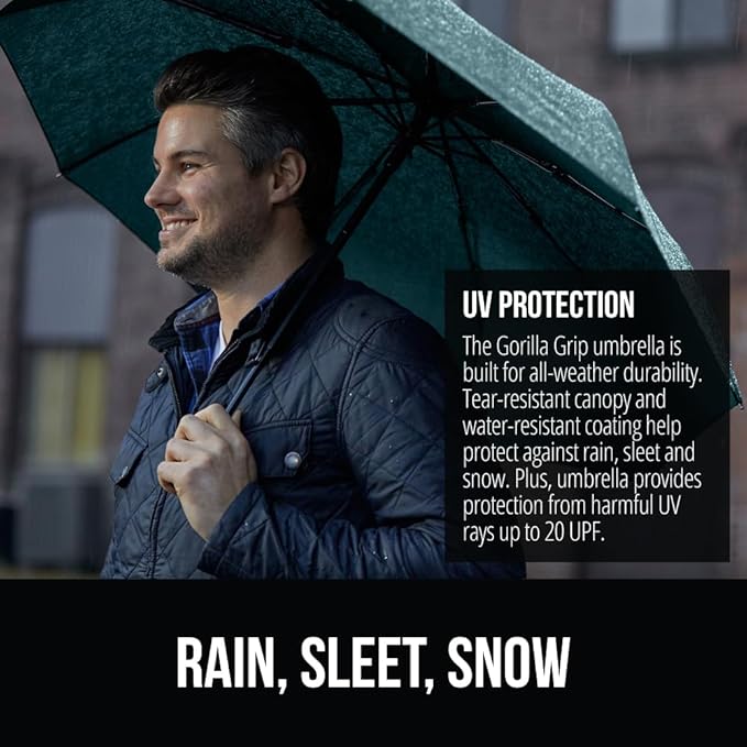 GORILLA GRIP Strong Windproof Stick Compact Umbrella for Rain, One-Click Automatic Open and Close, Durable Quick Dry Waterproof Material, Lightweight, Portable, Travel Size Fits Backpack, Hunter Green