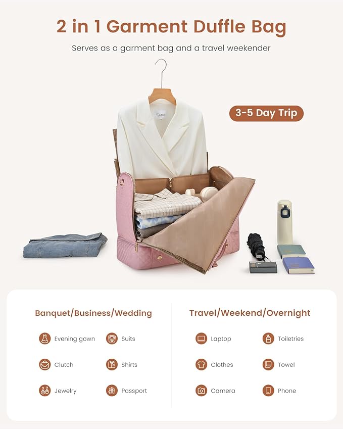 LOVEVOOK Convertible Garment Bag for Travel with Shoe Pouch, Carry On Garment Duffel Bag with Toiletry Bag, 2 in 1 Hanging Suitcase Suit Bag, Waterproof Weekender Bag for Women Travel, Wedding, Pink