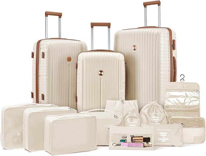 Joyway Luggage Sets 10 Piece PP Hardshell Carry on Suitcase, Travel Lightweight Carry-on with Double Spinner Wheels and TSA Lock, Beige Brown