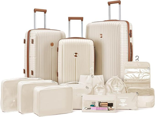 Joyway Luggage Sets 10 Piece PP Hardshell Carry on Suitcase, Travel Lightweight Carry-on with Double Spinner Wheels and TSA Lock, Beige Brown