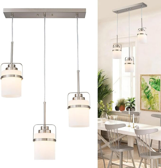 Brushed Nickel 3-Light Pendant Lighting, Adjustable Hanging Light Fixture with Milk Glass Shade, Modern Pendant Light for Kitchen Island Dining Room Bar Over Sink/Table/Counter