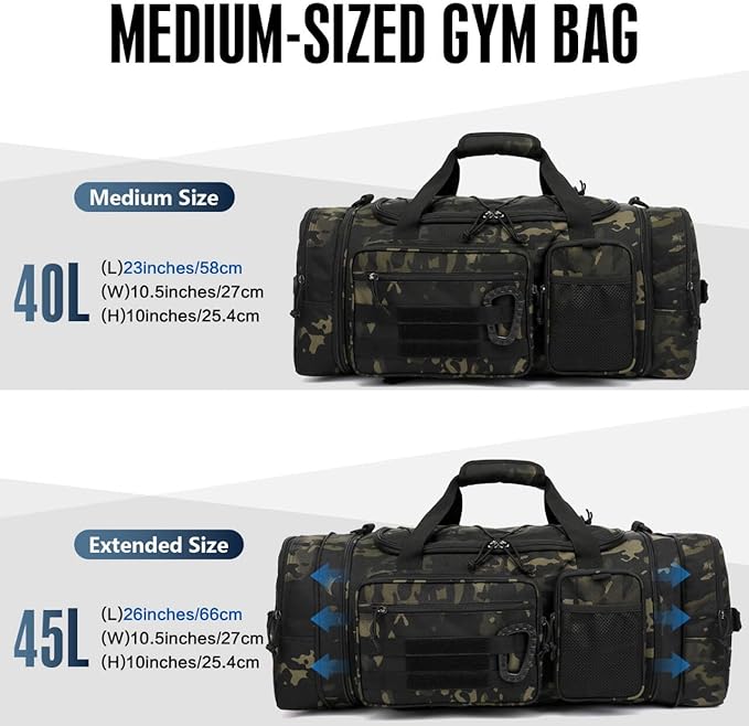 3 in 1 Tactical Gym Bag Backpack for Men 40-45L Expandable Travel Duffle Bag for Women Large Military Sport Duffel Bags Weekend Overnight with Shoe Compartment & Wet Pocket for Fitness, Camo