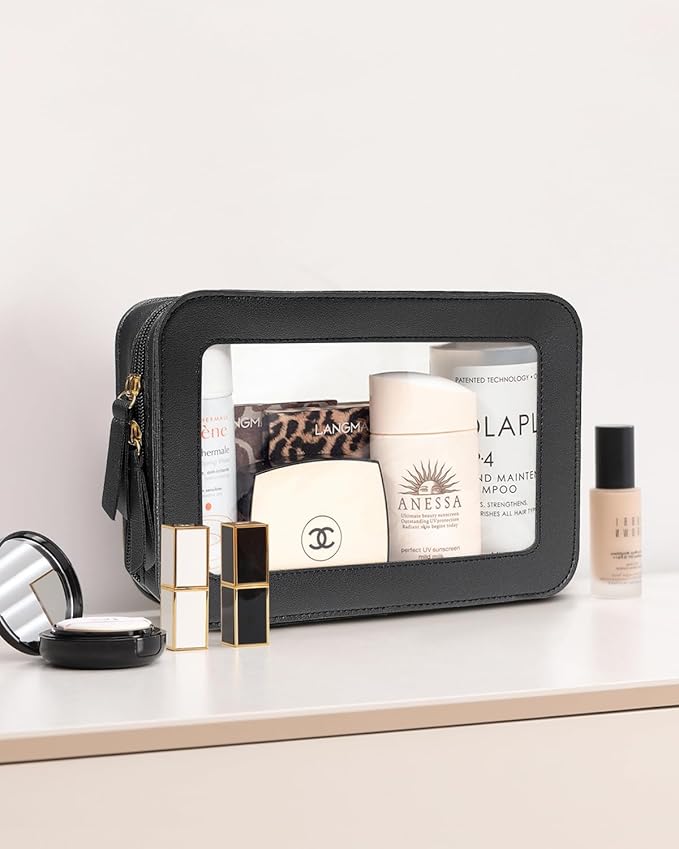 LETGO Clear Makeup Bags for Travel, TSA Approved Toiletry Bag with Zipper, Makeup Organizer Fit Carry-on Essentials, Car Accessories Organizers Storage for Women Men (Clear-Black)
