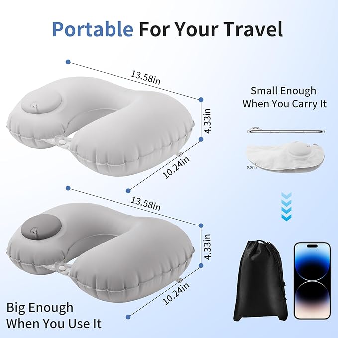 2 Pack Inflatable Travel Neck Pillow - Portable Airplane Pillow for Flights, Adjustable Neck Support for Cars & Trains (Grey)