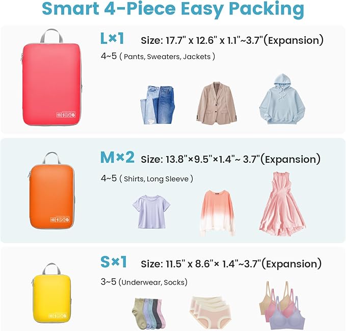 Cambond Compression Packing Cubes for Travel - 4 Piece Expandable Luggage Packing Organizers Bags Set, Lightweight Compression Cubes for Travel Essentials Carry on Suitcases, Multi-color