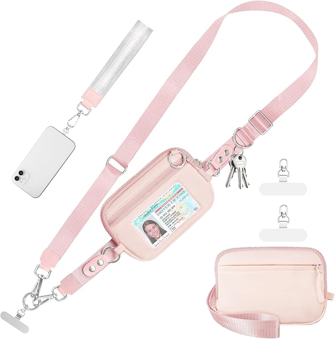 Tiostep Clip and Go Strap for Phone with Wallet Crossbody Phone Lanyard Adjustable and Detachable RFID Wristlet Wallet with ID Window and Zipper, Pink
