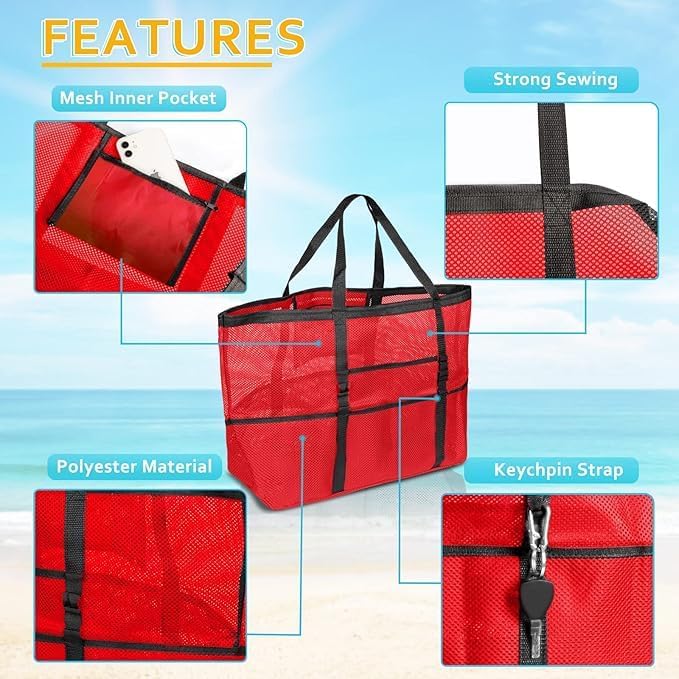 SRISE Mesh Beach Bag - Large Beach Tote Bag for Family Beach Bag for Toys & Vacation Essentials