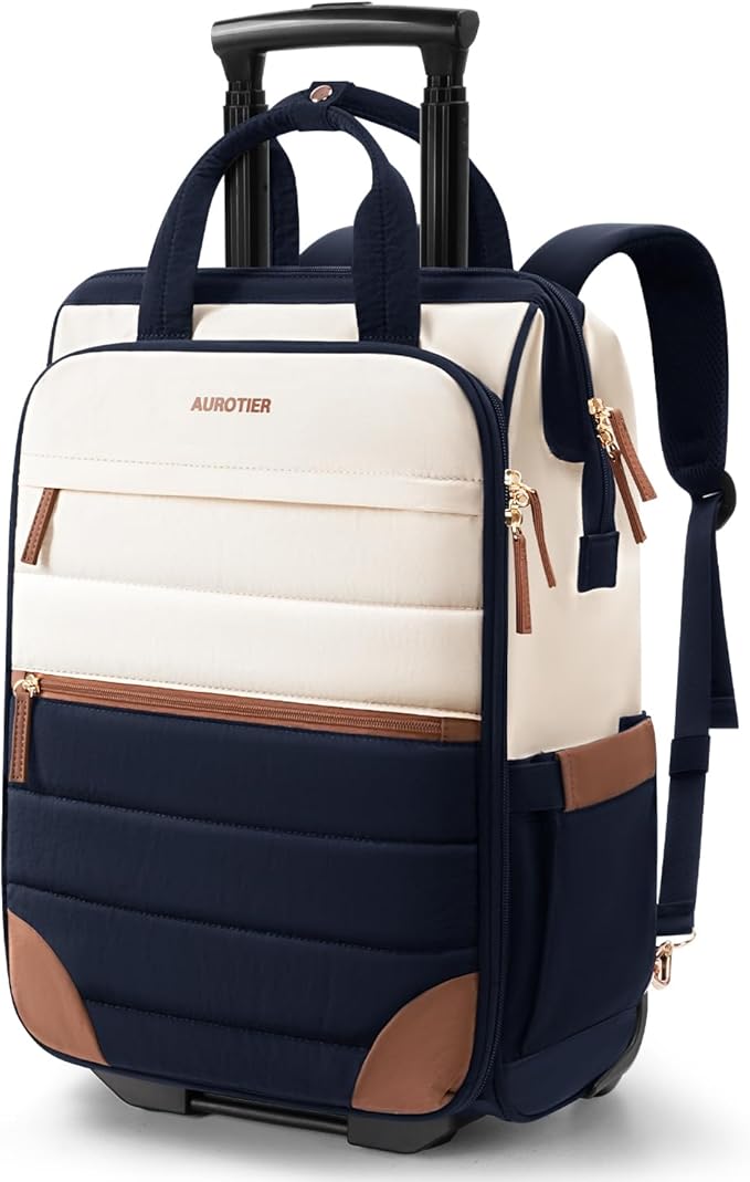 Rolling Puffer Backpack for Women, Travel Backpack with Wheels, 16 Inch Wheeled Laptop Backpck, Dual-Opening Design Overnight College Underseat Carry on Luggage, Roller Business Work Bag, Navy Blue