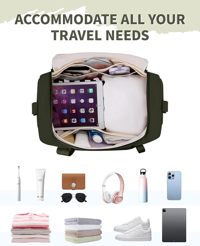 WANDF Travel Duffel Bag with Wet Pocket & Shoe Compartment, 18x14x8 Personal Item Bag with USB Charging Port, Water-Resistant Gym Weekender Overnight Carry-on for Women Men (Army Green)