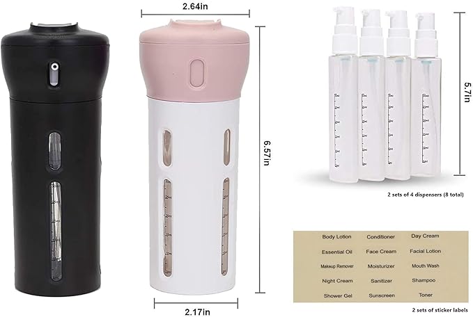 Travigo 4-in-1 Travel Dispenser Bottle Set, TSA Approved, Leak Proof, Reusable 1.4 oz. (40 mL) Toiletry Containers for Shampoo, Conditioner, Soap, Lotion, Skincare (2 Pack, Black & Pink)
