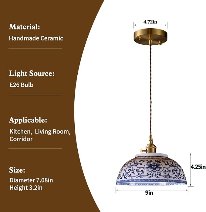 Ceramic Pendant Light, Chinese Blue and White Porcelain Pendant Light fixtures, Bedside Light, Hanging lamp for Kitchen Island Light Fixture, Home Bedroom Dining Room Ceiling Hanging Light 9in