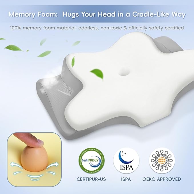 Cervical Neck Pillow, Memory Foam Pillows for Neck and Shoulder Pain Relief, 2 Heights Ergonomic Pillow with Breathable Ice Silk Cover, Neck Support Pillow for Side Sleepers White