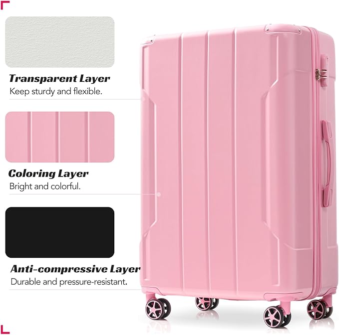 Merax Luggage Sets 3-Piece Hardshell with Spinner Wheels Lightweight Suitcase with Corner Guards (Pale Pink, 20/24/28)