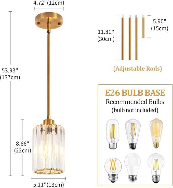 3 Pack Brushed Gold Pendant Lights Kitchen Island Crystal Mini Chandelier | Modern Kitchen Light Fixtures, Adjustable Height Hanging Pendant Lighting for Dining Room Bathroom Hallway Above Sink
