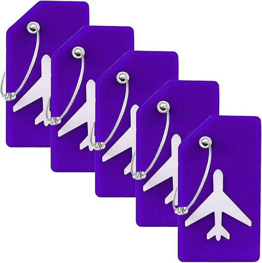 5 Pack Silicone Luggage Tag for Suitcases with Stainless Loop, TSA Approved, Privacy Protection Travel Essentials Bag Tags by Gostwo, Purple