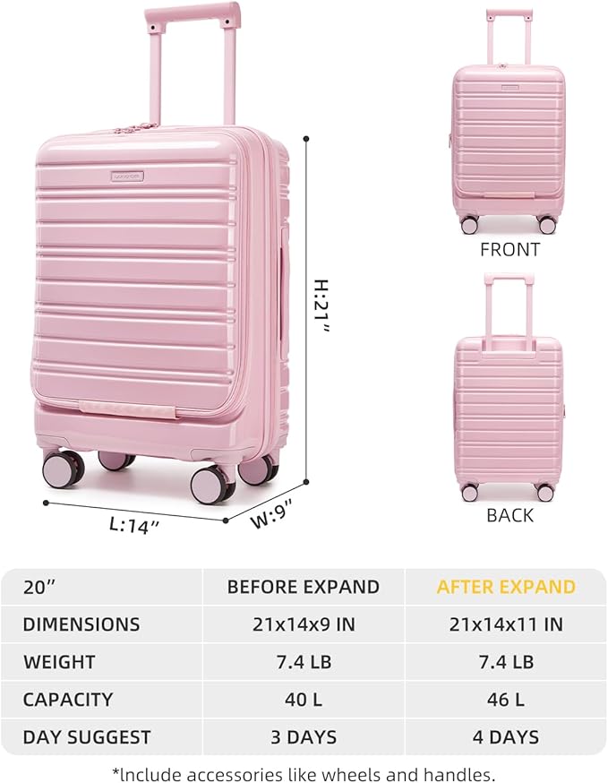 LARVENDER Carry On Luggage 22x14x9 Airline Approved, 20 Inch Expandable PC+ABS Hardside Carry On Luggage with Front Pocket Spinner Wheels TSA Lock for Women Men (Pink)