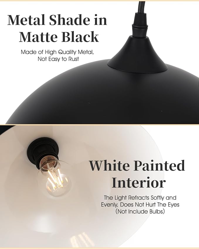 Black Pendant Light,11.8" Industrial Dome Pendant Lights Kitchen Island,Adjustable Farmhouse Hanging Lamp for Dining Room Bedroom Restaurant Bar Cafe,3 Pack