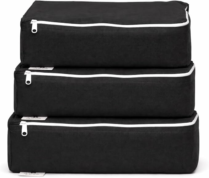 Packing Cubes Bag Pure Canvas Travel Organizers (13"x10"x3") with Durable YKK Zippers for Clothes, Shoes & Luggage Storage (Set of 3 (Medium), Black)