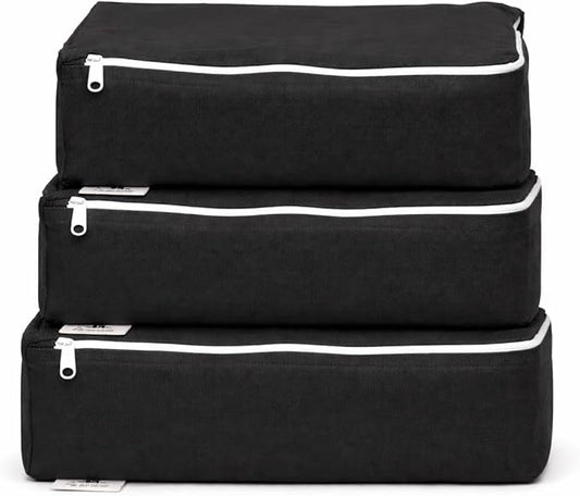 Packing Cubes Bag Pure Canvas Travel Organizers (13"x10"x3") with Durable YKK Zippers for Clothes, Shoes & Luggage Storage (Set of 3 (Medium), Black)