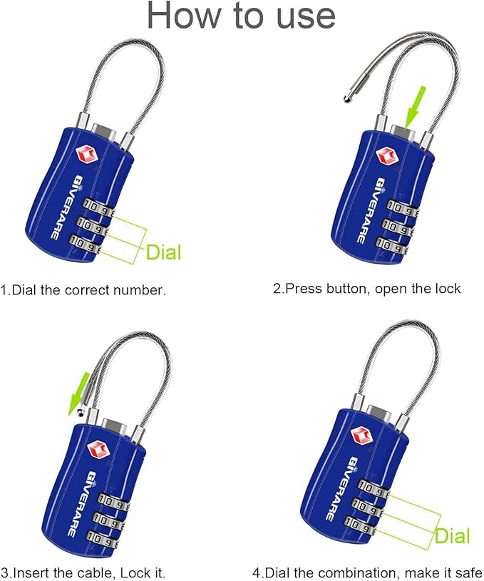 GIVERARE 2 Pack TSA Approved Luggage Locks, Combination Travel Cable Lock, Re-settable 3-Digit Padlocks with Alloy Body, Keyless TSA Padlock for Gym Locker, Golf Bag Case-Blue