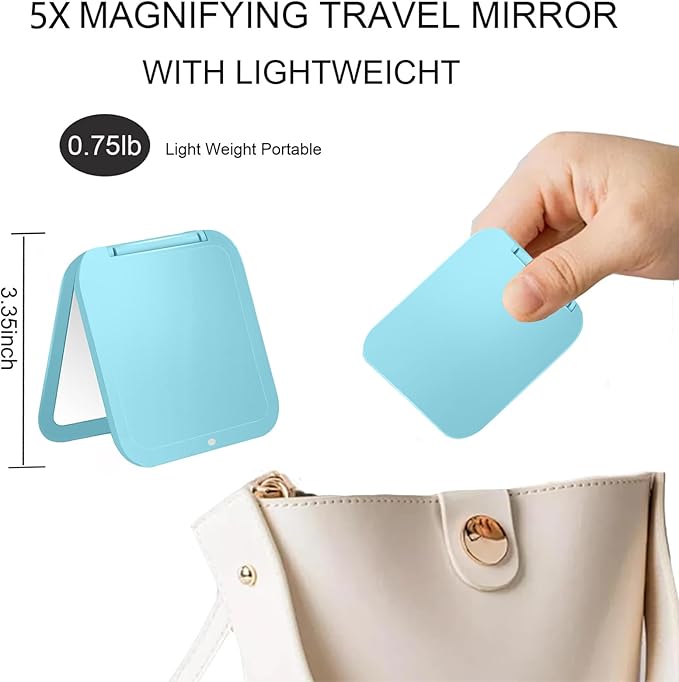 CYHTSHFZ Small Compact Mirror for Purse,5X/1X Travel Magnifying Mirror for Women, Makeup Mirror for Girls, Portable Ultra Slim Pocket Mirror（Light Blue）