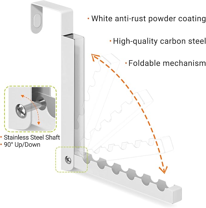 2-Pack Foldable Over-The-Door Hooks, Travel Portable Clothes Drying Rack, 6-Hook Space Saver for Clothing, Coats, Bags, Laundry Room, Bedroom, Bathroom, Entryway, Dorm - White