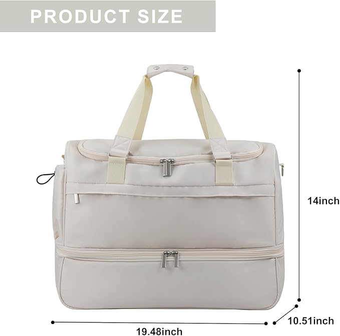 Carry On Travel Duffel Bag for Women & Men,Overnight Weekender Bag with Shoe Compartment,Trolley Sleeve and Adjustable Shoulder Strap,Business & Weekend Travel,Gym,Sports,Yoga & Dance(Ivory)