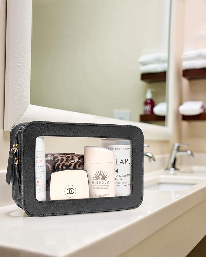 LETGO Clear Makeup Bags for Travel, TSA Approved Toiletry Bag with Zipper, Makeup Organizer Fit Carry-on Essentials, Car Accessories Organizers Storage for Women Men (Clear-Black)