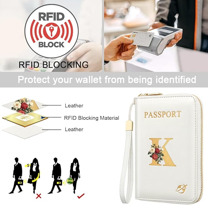 Passport Holder for Travel Personalized Passport Holder Initial Letter Rose Flower RFID Blocking Travel Wallets Credit Cards Holder for Women Men, White K