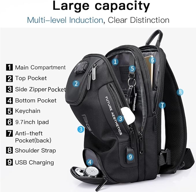 BANGE Anti theft Sling Backpack with Lock, Men's Sling Bag for Men, Shoulder Crossbody Backpack with USB Charging Port for Men and Women