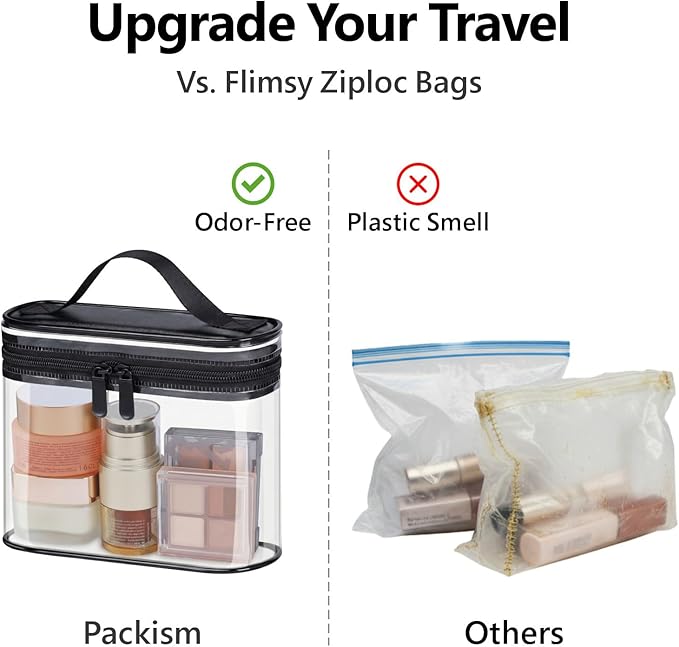 PACKISM Clear Toiletry Bag Combo Pack - 1 TSA Approved Medium & 1 Large Makeup Bag for Checked Luggage, Clear PVC Travel Bag with Handle, Dual Metal Zippers, Water Resistant Large Opening, Black