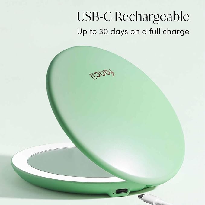 Fancii Taylor LED Lighted Compact Makeup Mirror, Rechargeable, 10x /1x Magnifying, 3 Light Settings, XL Large 5” Wide | Travel Mirror for Purses (Mint Green)