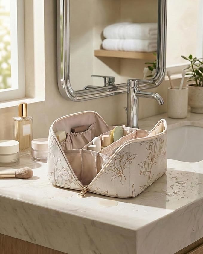 EACHY Travel Makeup Bag,Large Capacity Cosmetic Bags for Women,Waterproof Portable Pouch Open Flat Toiletry Bag Pattern Makeup Bag (F-Beige-Large)