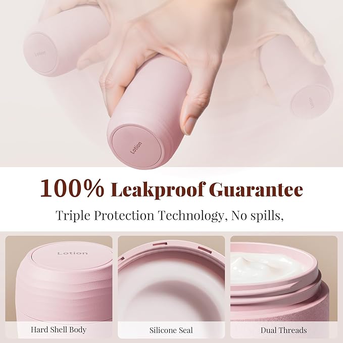 New Travel Toiletry Containers [Ultra Leakproof] TSA-Approved, PLA Hard Shell Jars with 5 Magnetic Labels, Wide Mouth Bottles for Lotion, Cleanser, Shampoo, Conditioner, Pink, 3 Pack, 2OZ