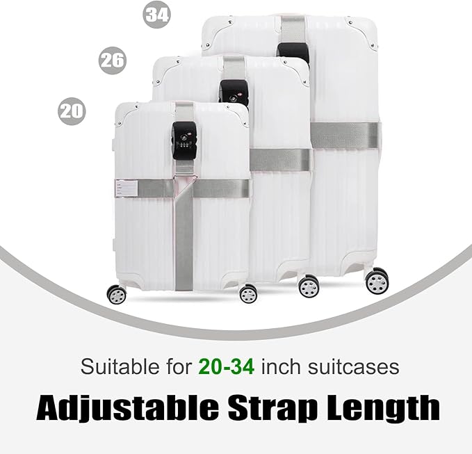 Luggage Straps TAS,Travel Strap with Name tag,Easy to Identify,Luggage Straps TSA Approved with Lock,Combination Luggage Lock with Adjustable Length,Compatible with 20-34 inch Luggage(Grey 1 Pack)