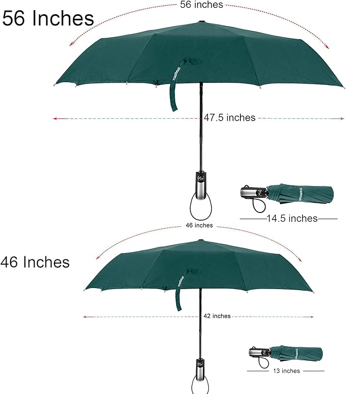 TradMall Travel Umbrella Windproof with 56 Inches Large Canopy 10 Reinforced Fiberglass Ribs Ergonomic Handle Auto Open & Close, Dark Green