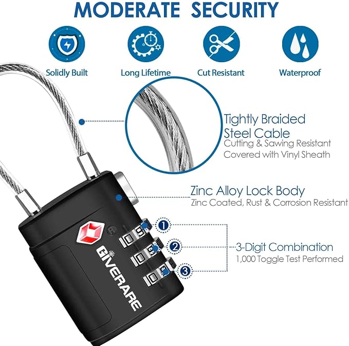 2 Pack TSA Approved Luggage Locks, Cable Travel Lock Alloy, Set Your Own Combination Metal Suitcase Zipper Padlock, 3-Digit Long Shackle Padlocks for Gym Locker, Golf Bag, Case Anti Theft-Black