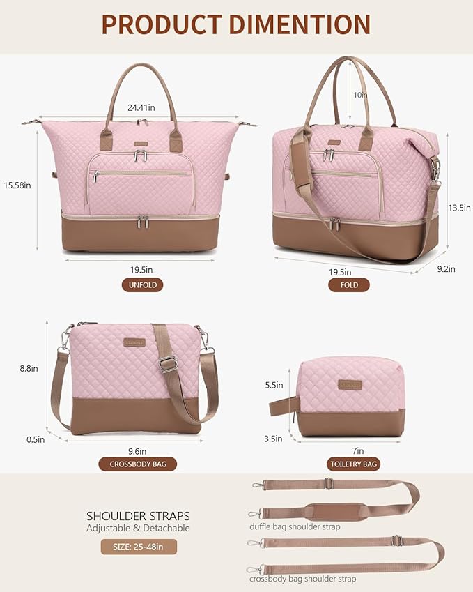 Duffle Bag for Women Travel, Weekender Bag Overnight Bag with Shoe Compartment, Carry on Bag with Crossbody Purse for Over Night, Weekend, Yoga, Gym, Business Trips, Hospital, Pink Brown