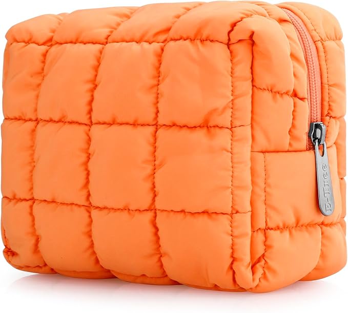 E-Tree Cute Makeup Bag,Quilted Cosmetic Bag,Make up Pouch for Purse,Toiletry Zipper Pouch,Checkered Bag,Travel Case,Storage Pouches for Organization Orange