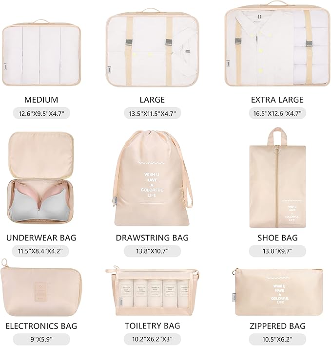 Mossio 9 Set Packing Cubes with Shoe Bag & Electronics Bag - Luggage Organizers Suitcase Travel Accessories