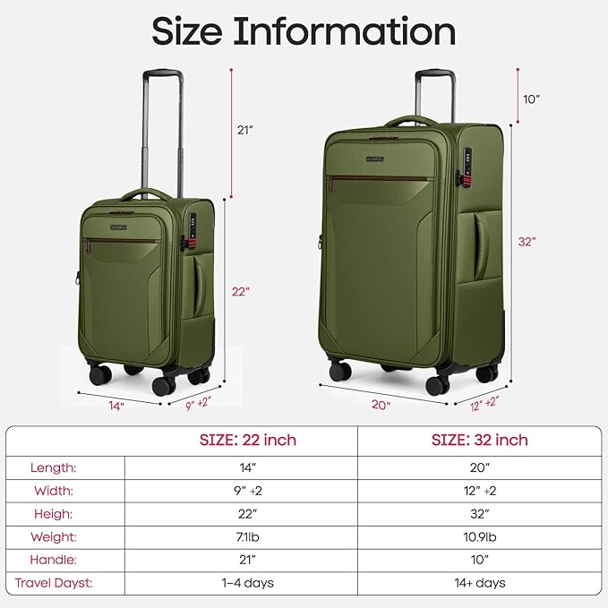 2PCS Set（22in/32in）Softside Luggage Sets w/ Spinner Wheels,Expandable 20% Luggage w/TSA LOCK,Upright Spinner Softshell,Lightweight Durable Rolling Travel Luggage Set for Men/Women（Green,22in/32in）