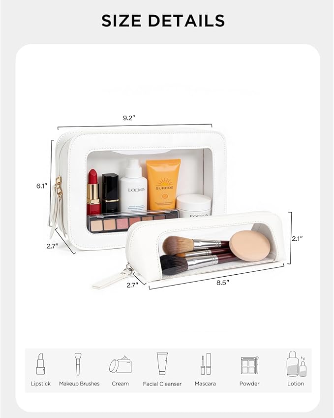LETGO 2Pack Clear Makeup Bags Set, Small Clear Makeup Bag, PU Leather Travel Makeup Brush Case Portable Transparent Waterproof Cosmetic Organizer Pouch with Zipper for Women(2Pack-White Set)