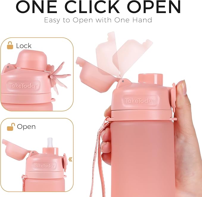 TakeToday Collapsible Water Bottles 21oz (600mL), Foldable Platinum Silicone Travel Water Bottle with Straw & Carry Strap, Leak-Resistant Screw Lid, Wide Mouth, BPA-Free for Hiking, Camping, Travel