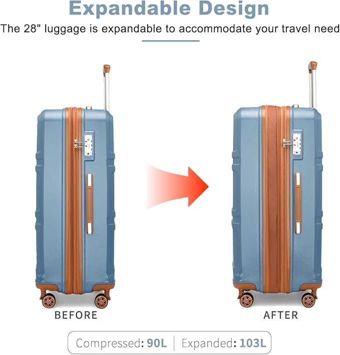 Kono 28 Inch Luggage Expandable Suitcase with Spinner Wheels TSA Lock Lightweight PC+ABS Hardside Large Checked Luggage Durable Rolling Suitcase Apricot Blue